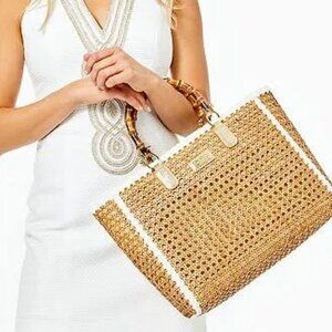 LILLY PULITZER Greydon Cane Tote Handbag BAG Bamboo Handle White Trim Woven
